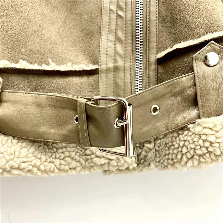 Изображение товара: Новая зимняя Свободная Женская куртка с длинным рукавом и поясом из овечьей шерсти зимнее утолщенное Женское пальто из искусственной кожи с отворотом