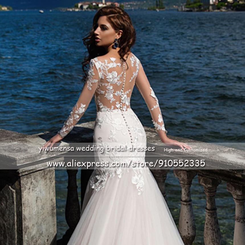 Изображение товара: Женское кружевное платье-Русалка A86, романтическое прозрачное кружевное свадебное платье с длинными рукавами и круглым вырезом, свадебное платье-бохо