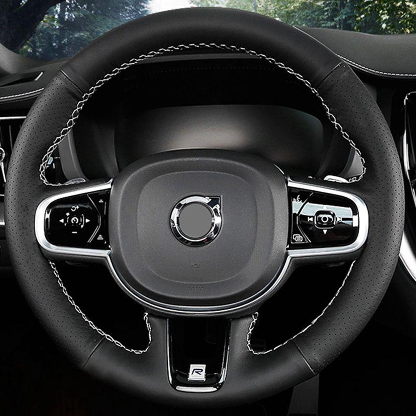 Изображение товара: Чехол для руля Volvo S60, черный, искусственная кожа, прошитый вручную, чехол рулевого колеса автомобиля