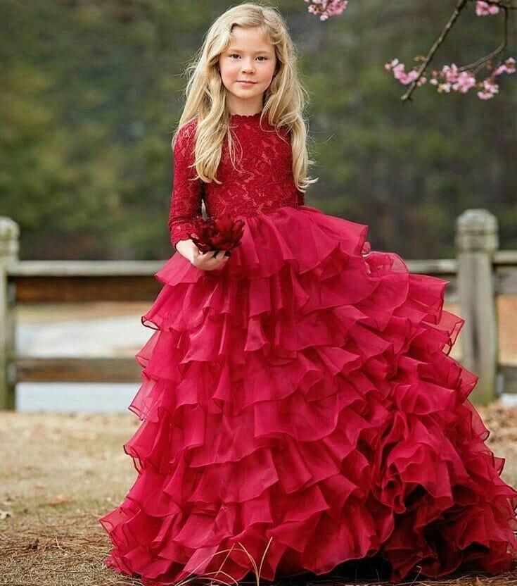 Изображение товара: Красные многоярусные Платья с цветочным узором для девочек на свадьбу, пышные платья из тюля с круглым вырезом и многоярусными оборками на день рождения для девочек
