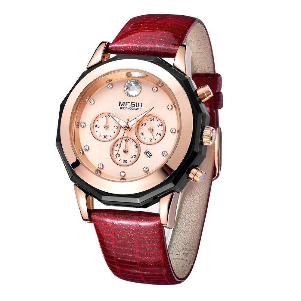 Изображение товара: Женские кварцевые часы с хронографом Megir, красные водонепроницаемые наручные часы с ремешком из натуральной кожи, 2042