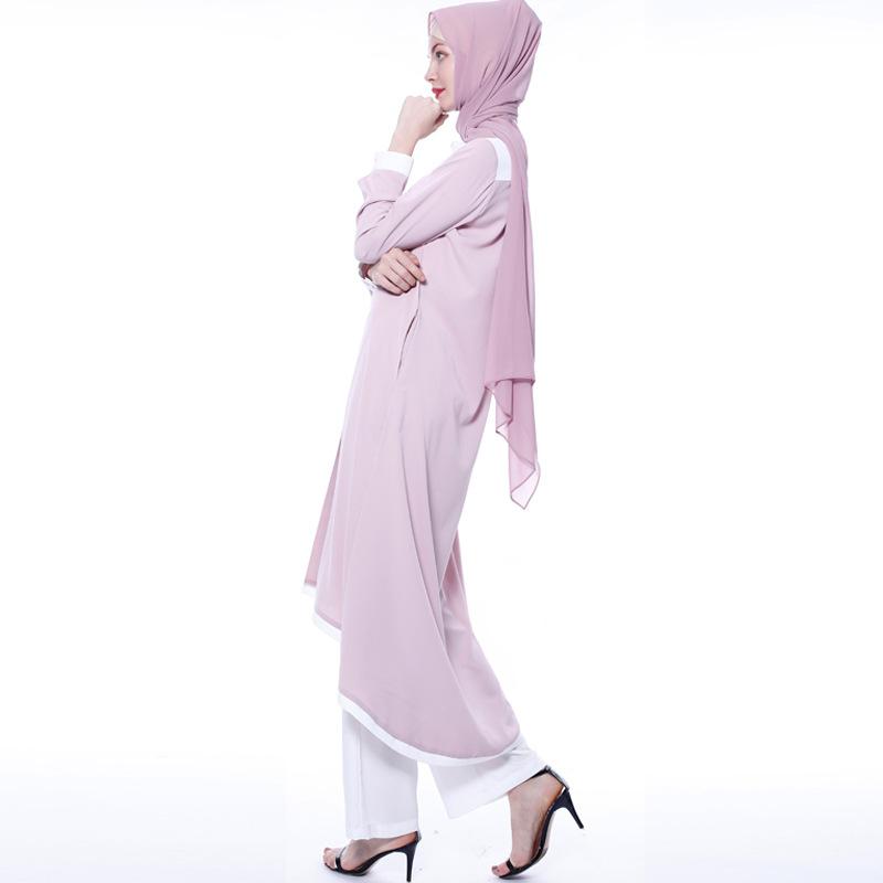 Изображение товара: Шикарный мусульманский комплект из 2 предметов, топ и брюки, Женская туника с длинными рукавами и пуговицами, арабский кимоно, мусульманская одежда, длинные топы