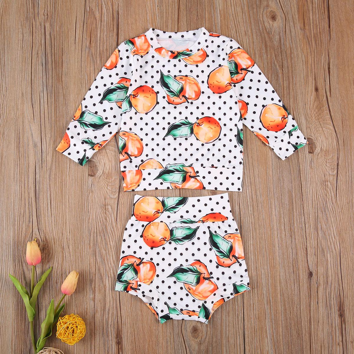 Изображение товара: Новинка 2020 года, милая одежда с принтом апельсинов для малышей футболка с длинными рукавами и круглым вырезом топ + короткие штаны, комплект из 2 предметов ropa de bebe