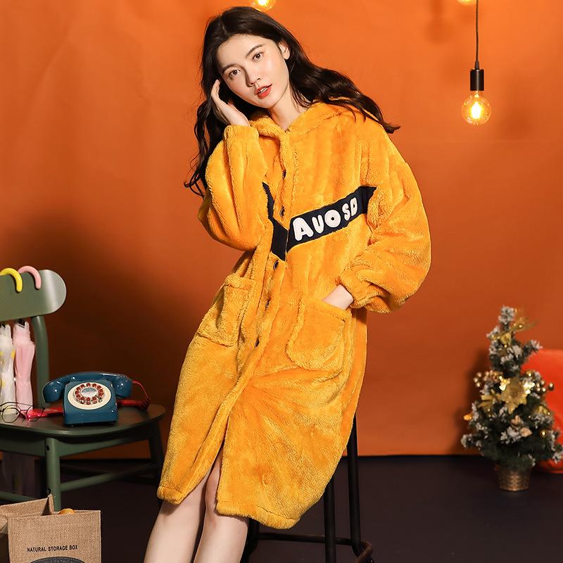 Изображение товара: Ночная одежда, зимняя новая Пижама, Женская фланелевая теплая Корейская простая Пижама юката, модная домашняя пижама халат из кораллового флиса
