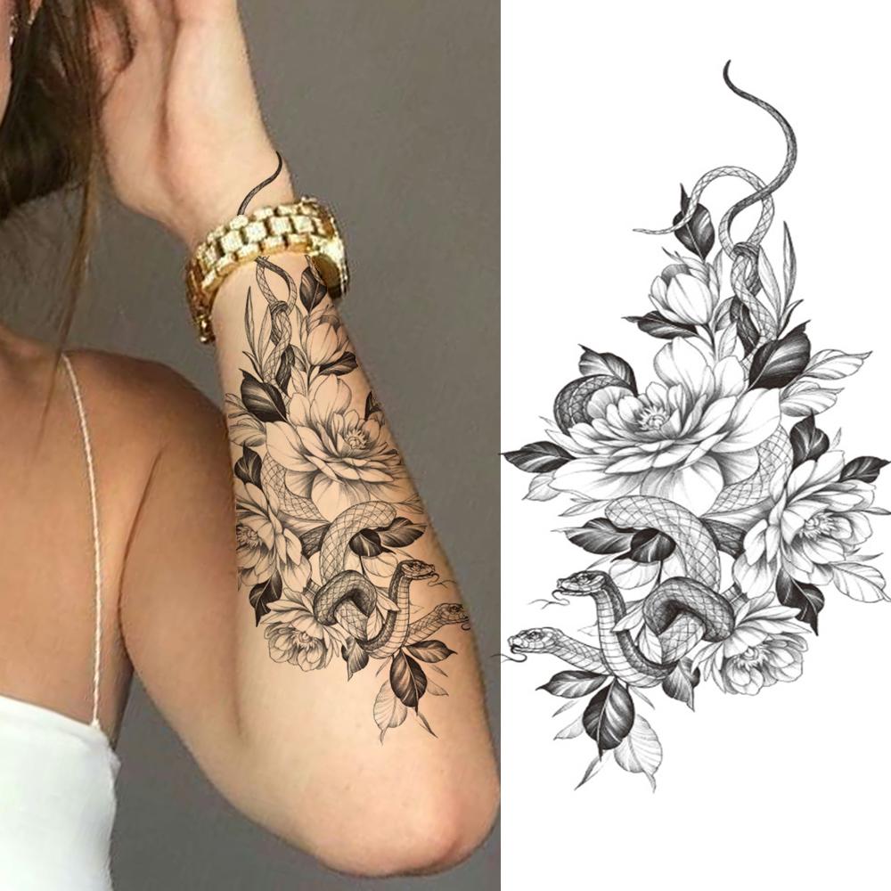 Изображение товара: Сексуальный пион, реалистичные поддельные временные татуировки для женщин, женская черная роза, змея, татуировка, наклейка, DIY боди-арт, передняя грудь, татуировки на руку