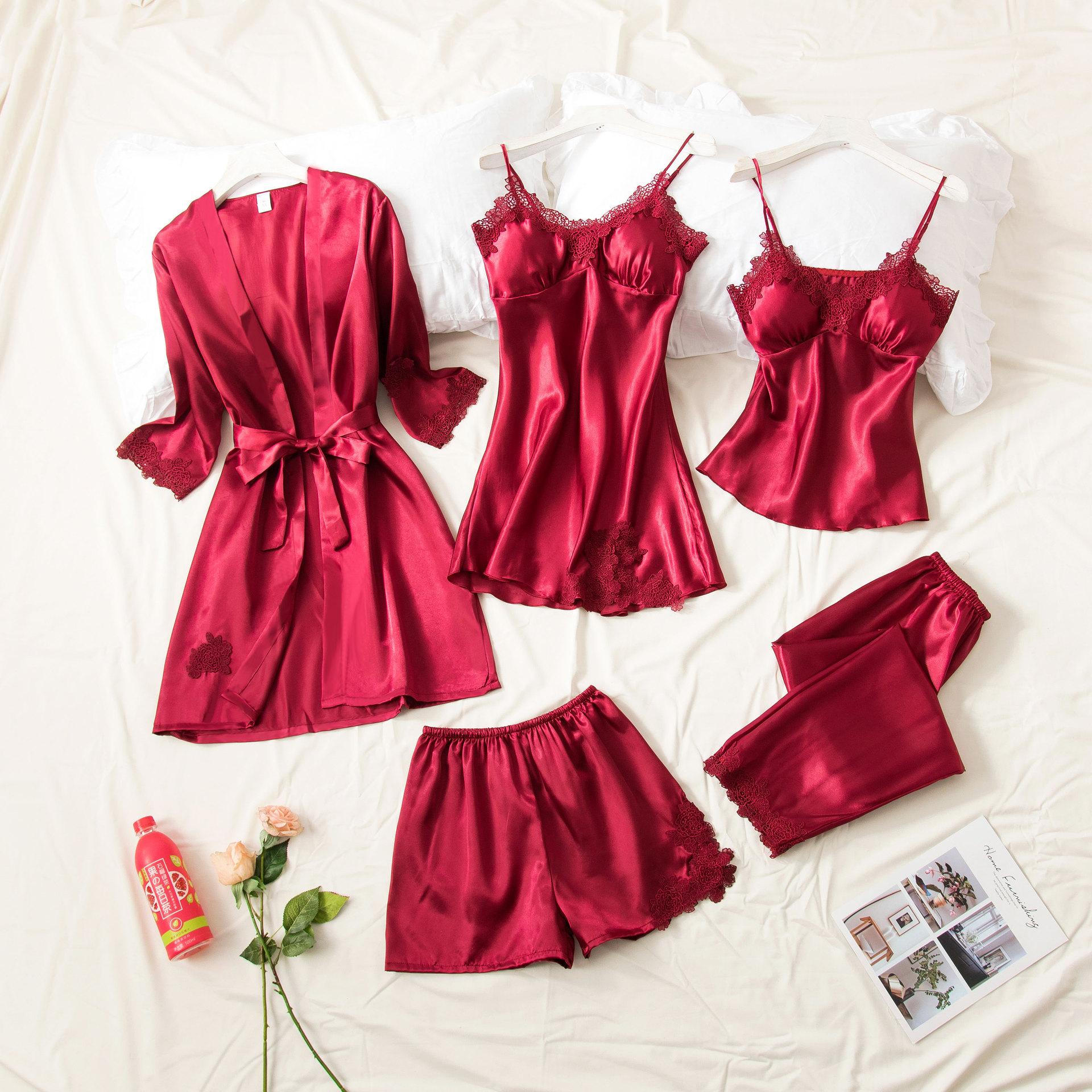 Изображение товара: Женское сексуальное шелковое белье, летние атласные пижамы Pijiama на тонких лямках, корейский халат, пижамный комплект из пяти предметов, розовая одежда для сна