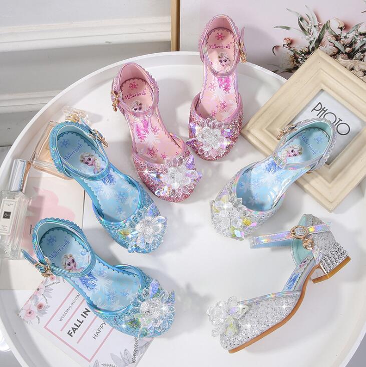 Изображение товара: Сандалии для девочек; Принцесса Эльза; Детские сандалии для костюмированной вечеринки со стразами; Блестящие Детские Свадебные Вечерние туфли на высоком каблуке с блестками