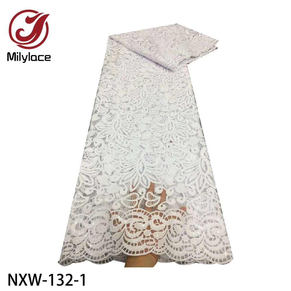 Изображение товара: Чистый белый французский африканский кружевной ткани с блестками Тюль нигерийские кружева сеточка ткань для свадебного платья NXW-132