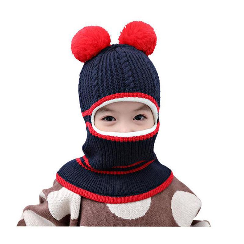 Изображение товара: Детская шапка Doitbest, новинка, зимние теплые шапки с помпоном, ветрозащитная и бархатная детская вязаная цельная шапка-ушанка с двойными шариками