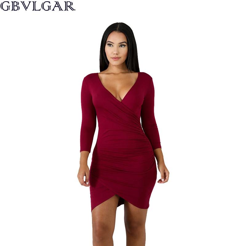 Изображение товара: GBVLGAR 2020 женское сексуальное облегающее платье с длинным рукавом и v-образным вырезом, демисезонное облегающее элегантное мини-платье с рюшами, вечерние платья
