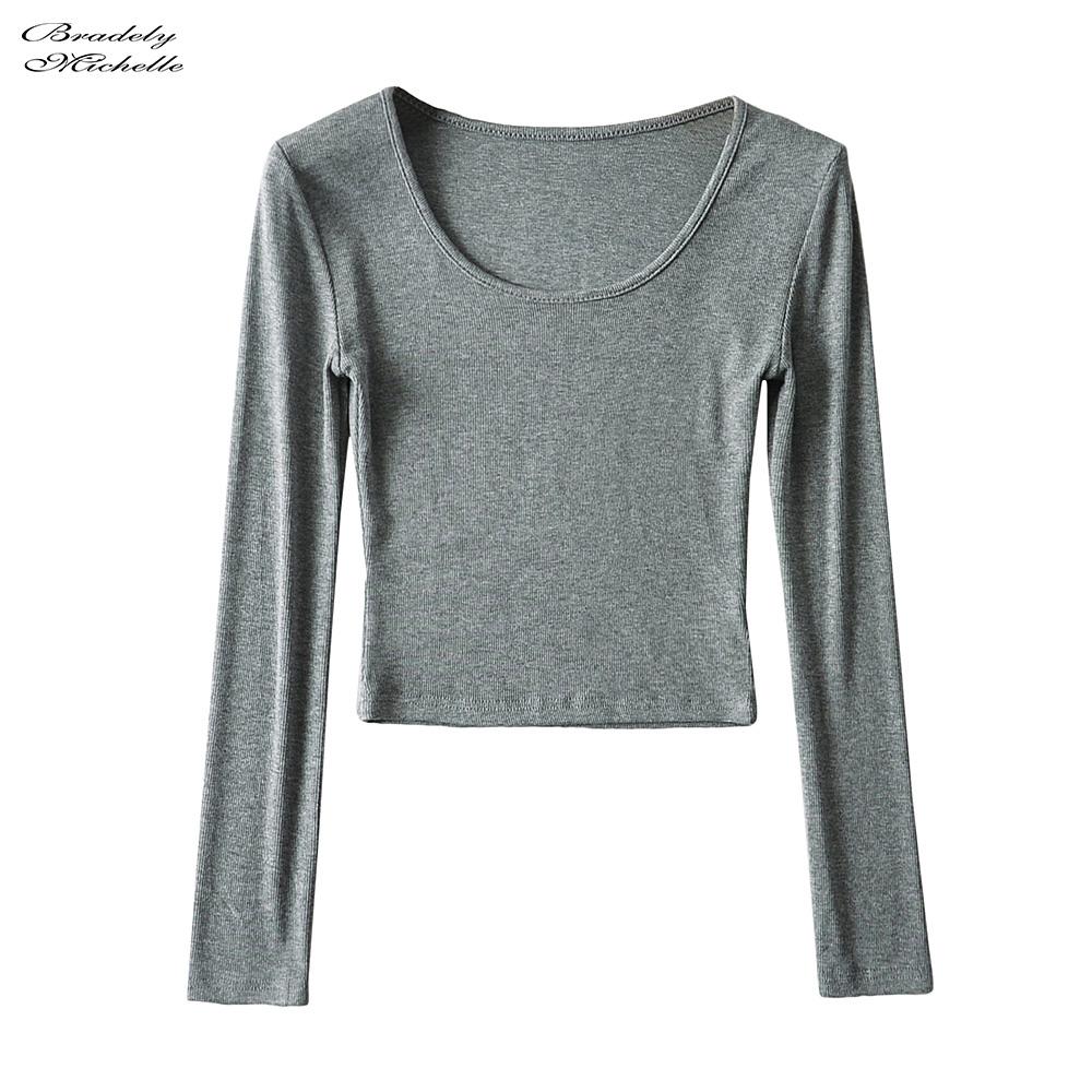 Изображение товара: Женская одежда BRADELY MICHELLE 2020, эластичные хлопковые укороченные топы, Повседневная Однотонная футболка с глубоким круглым вырезом и длинным рукавом