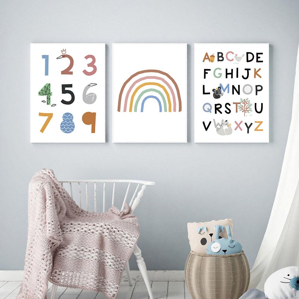 Изображение товара: Плакат с алфавитом, детские настенные художественные принты, радужные холсты, постеры, Детские картины с цифрами, декоративные картины для детской комнаты