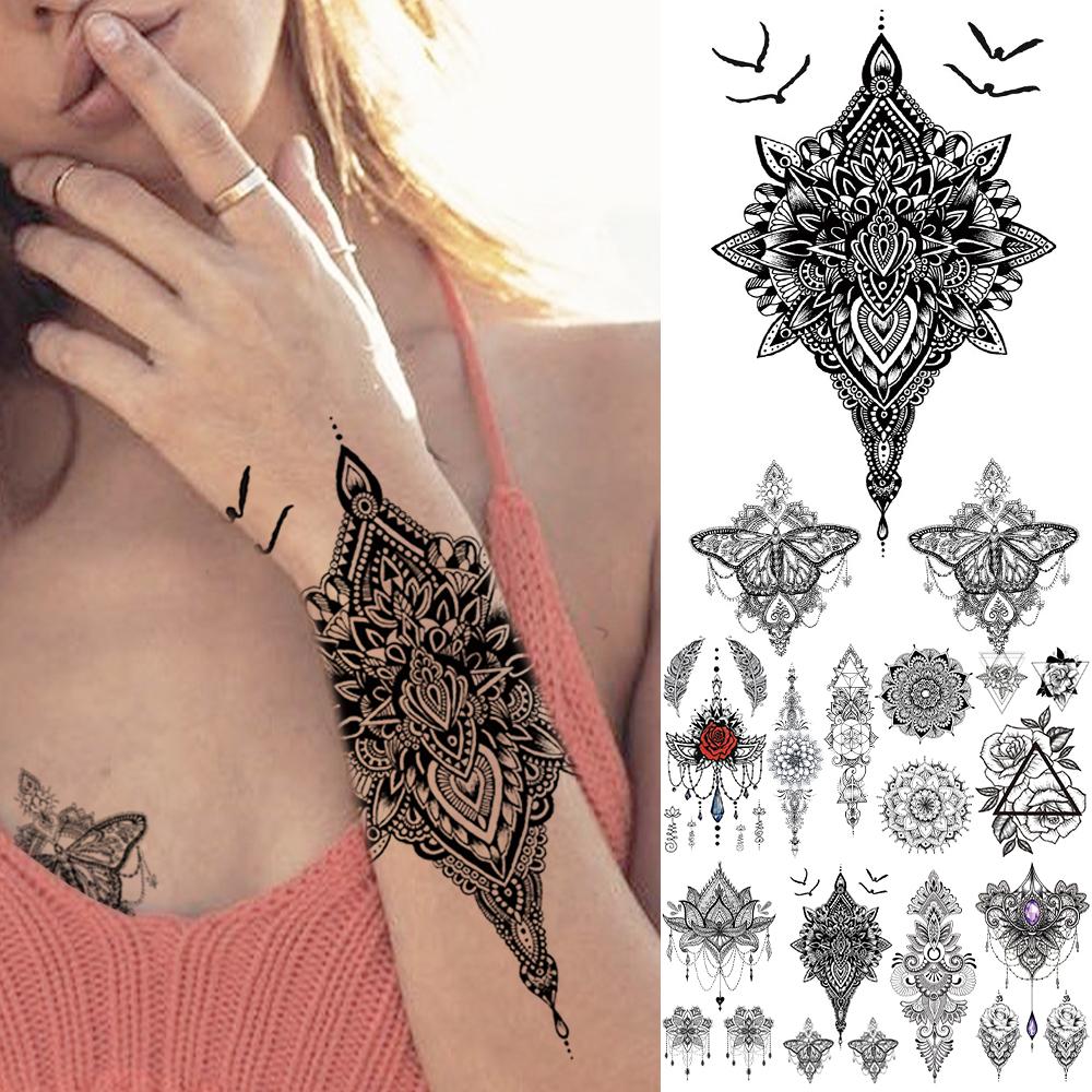 Изображение товара: Временные татуировки с птичьим тотемом из хны для женщин, девушек, поддельные подвески, цветок мандалы, реалистичные татуировки, водостойкие татуировки