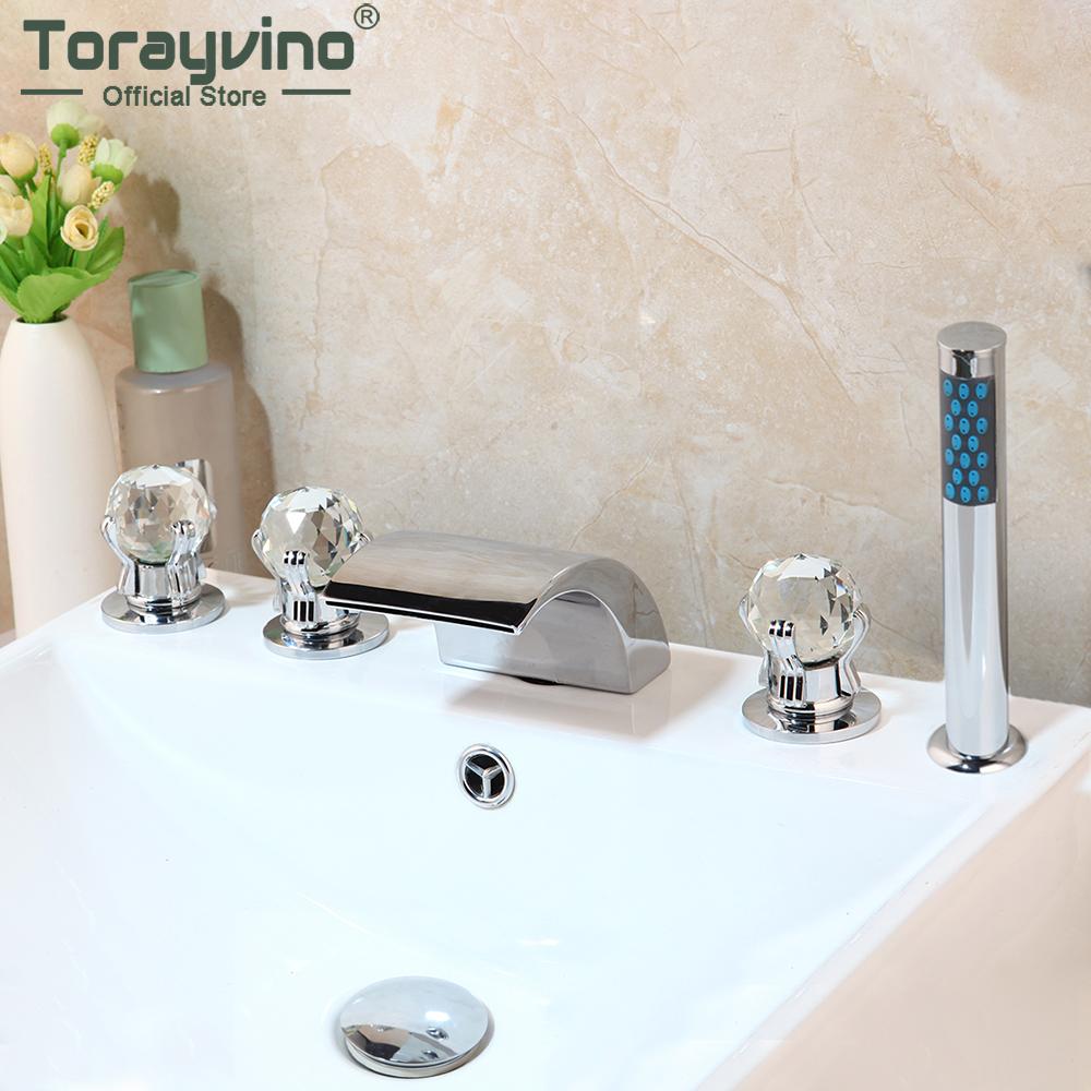 Изображение товара: Torayvino хромированный смеситель для ванной комнаты, 5 шт. в наборе, алмазная ручка, распылитель для ванной, набор для душа, комбинированный набор, смеситель для воды на бортике
