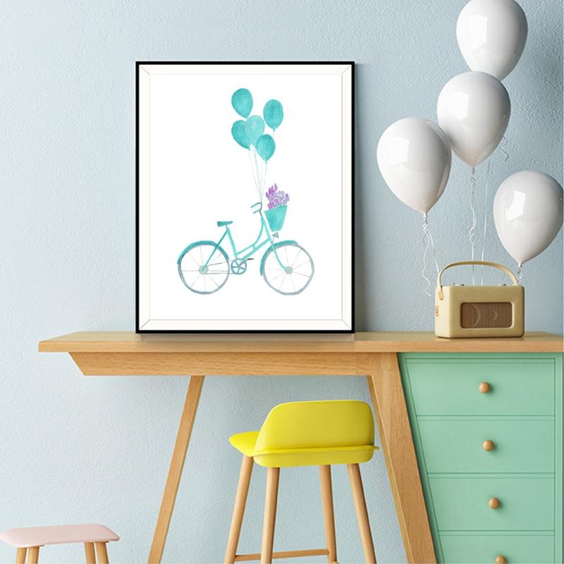 Изображение товара: Постер в скандинавском стиле с принтом милых велосипедных цветов, акварель, велосипедные воздушные шары, Картина на холсте, домашнее искусство, картина для детской, настенное искусство, Декор