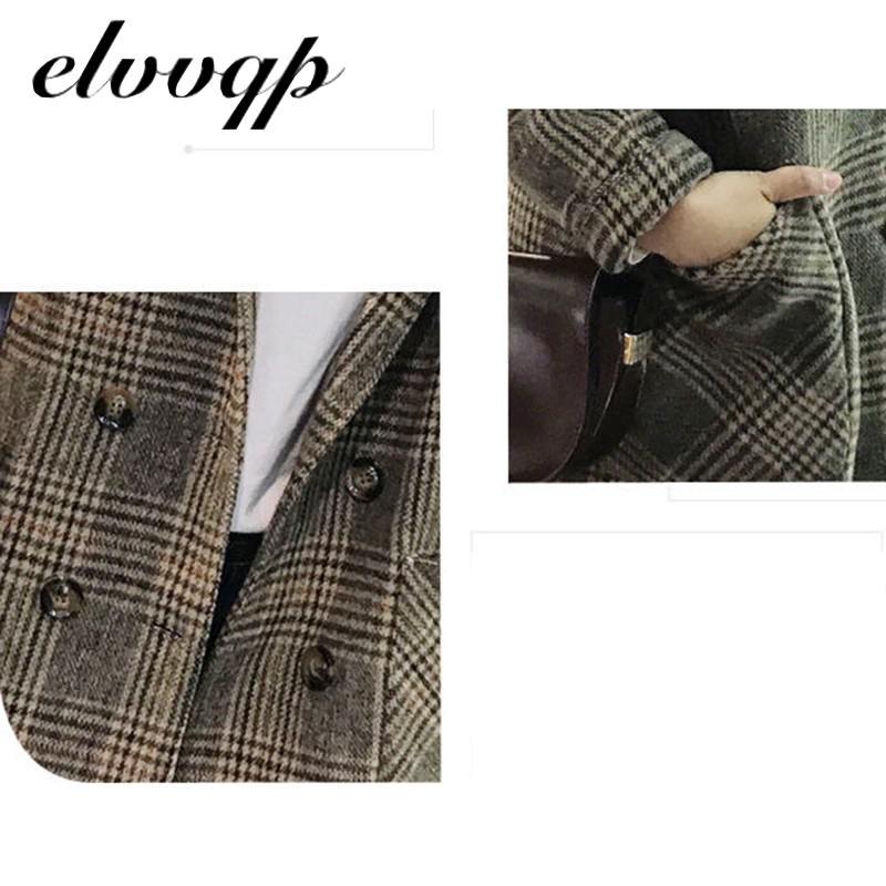 Изображение товара: Vintage Double Breasted Plaid Woolen Blazer 2020 New Long Sleeve Turn Down Collar Autumn Winter Women Coat Jacket Female