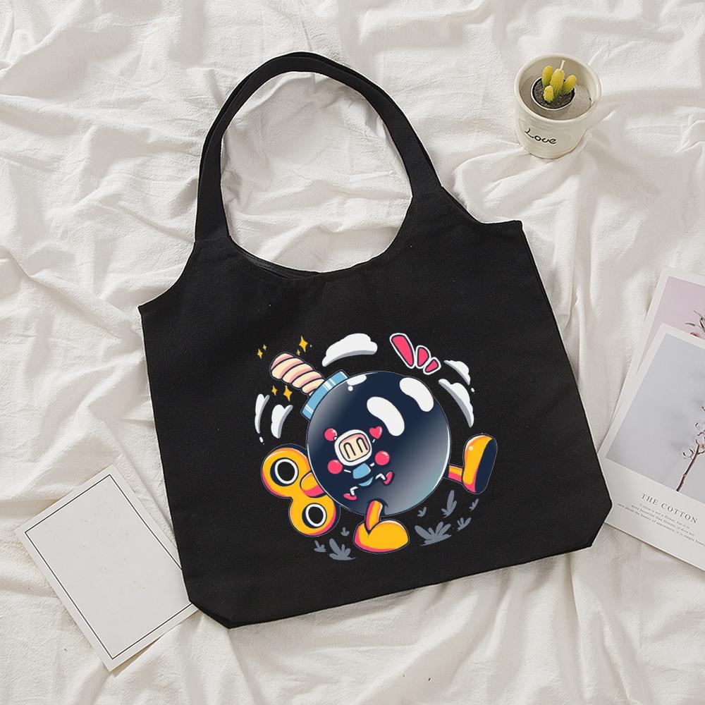 Изображение товара: Женская Холщовая Сумка-тоут с мультяшным японским пиксельным принтом, сумки на плечо для девочек, сумки, экологически чистая сумка для покупок, сумка для вещей