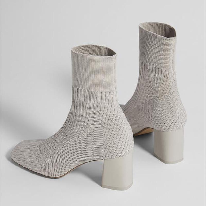 Изображение товара: Женские эластичные вязаные ботинки-носки, полусапожки с круглым каблуком для женщин, с острым носком, без застежки, короткие женские сапоги, женские зимние сапоги