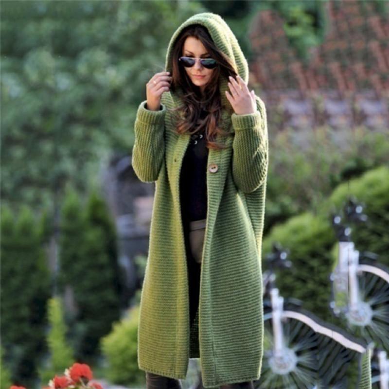 Изображение товара: Women Autumn Winter Hooded Long Cardigan Solid Color Oversized Cardigans Female Keep Warm Sweater Loose Cotton Knitted Coat