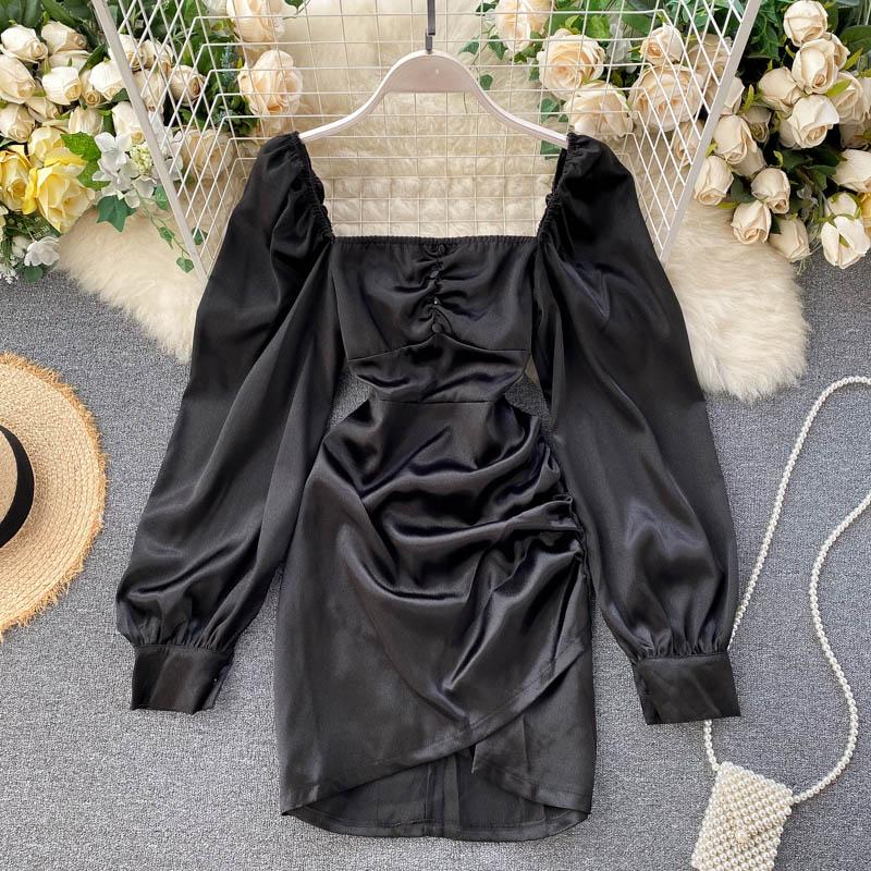 Изображение товара: Платье женское атласное с квадратным вырезом, Черное мини-платье с длинным рукавом, QS580, весна-осень 2021