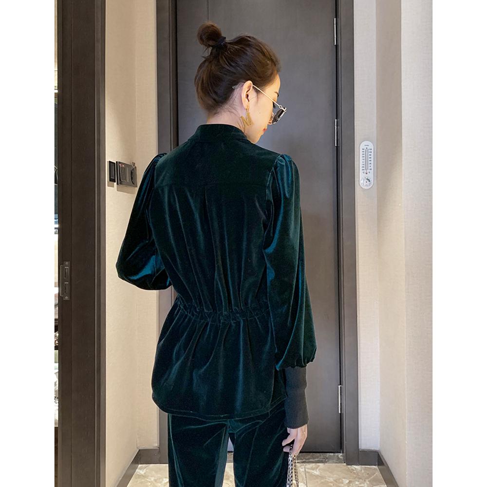 Изображение товара: Осенняя Женская Офисная бархатная блузка YUANYUANJYCO стандартной длины, Лоскутная облегающая женская рубашка с отложным воротником и длинным рукавом