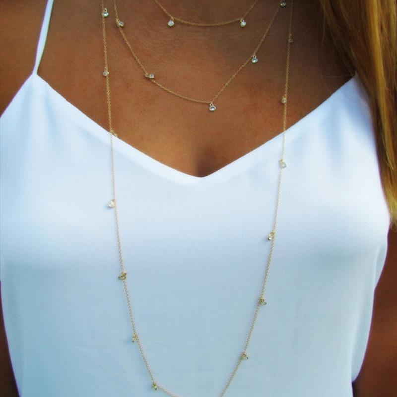 Изображение товара: Женское многослойное ожерелье HebeDeer, простые Кристальные ожерелья, ювелирные изделия серебристого цвета