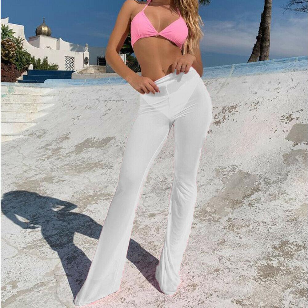Изображение товара: Новое поступление, сексуальные весенне-летние однотонные женские прозрачные расклешенные брюки с завышенной талией, пляжные длинные брюки