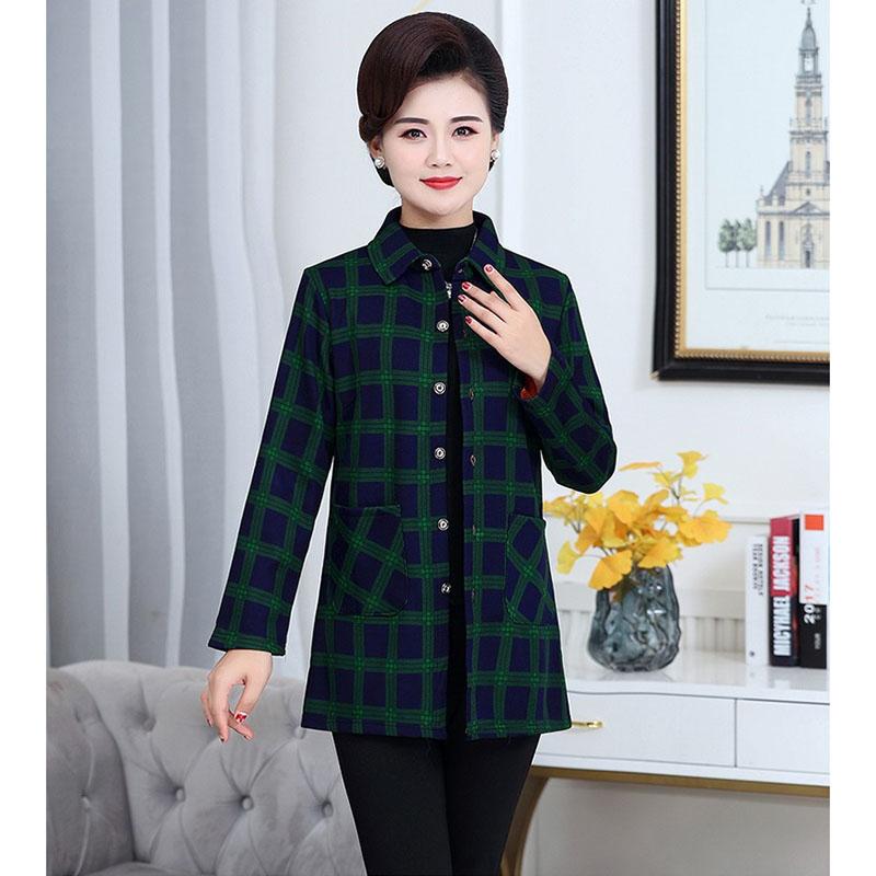 Изображение товара: Middle-aged and Elderly Women's Shirt Spring Autumn Plus Velvet Thicken Single-breasted Plaid Jacket Female Blouse Tops 2020 W21