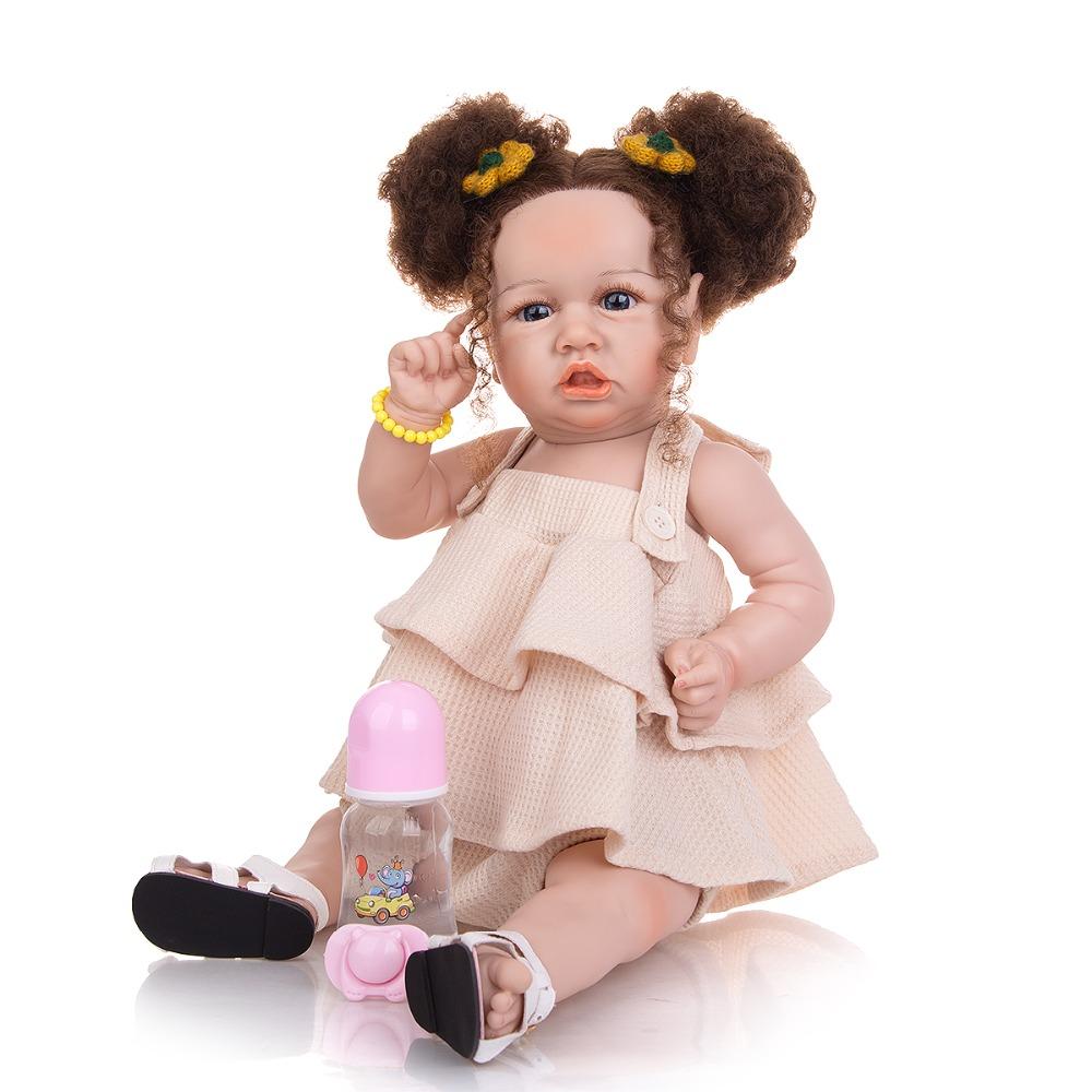 Изображение товара: 23 дюймовая черная кукла, мягкие силиконовые куклы, укорененные волосы, кукла Bebe Reborn, игрушки, настоящая сенсорная игрушка для ванны, игрушка Playmate для ребенка