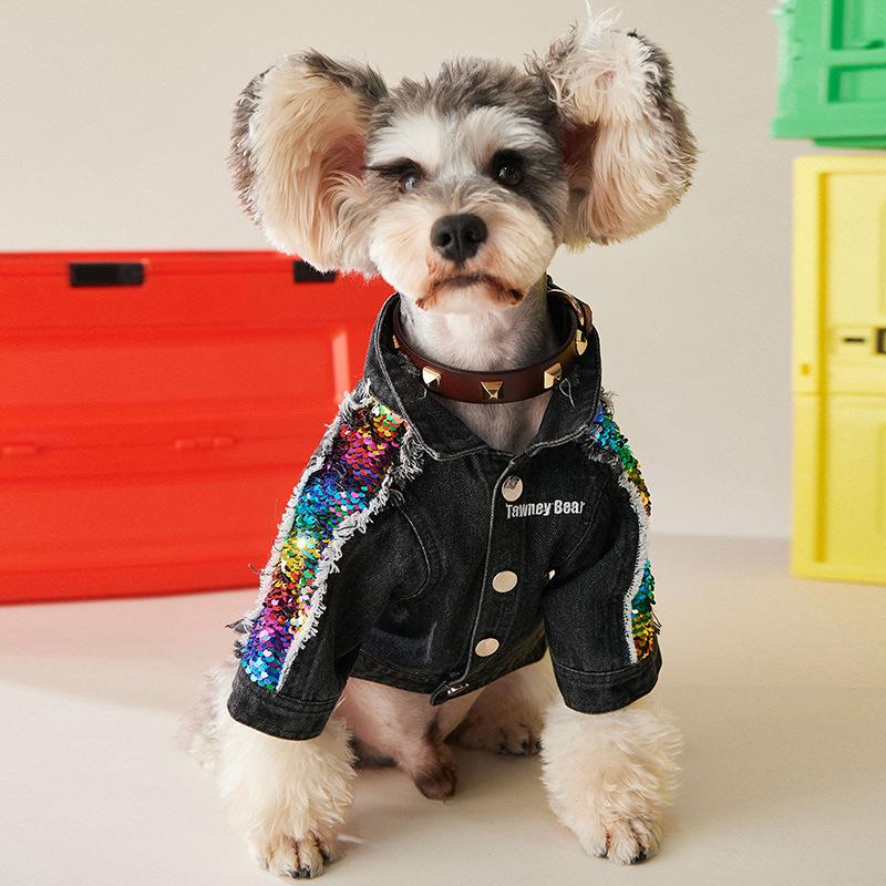 Изображение товара: Новая джинсовая куртка с блестками для маленьких и средних собак, джинсовые пальто для собак, одежда для французского бульдога, зимний костюм бишона, одежда для домашних животных