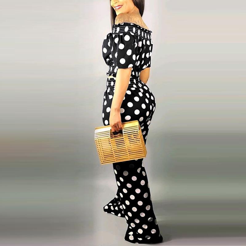 Изображение товара: Женский летний костюм из 2 предметов, укороченный топ в горошек с открытыми плечами и длинные брюки с завышенной талией, элегантная уличная одежда, рабочая одежда