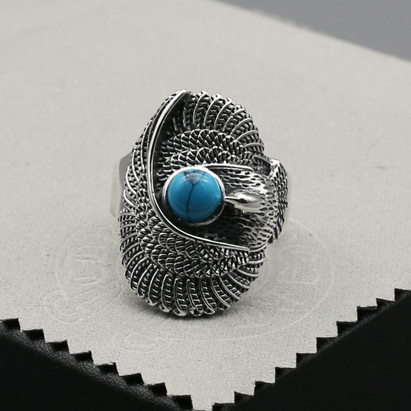 Изображение товара: Кольцо для среднего пальца из стерлингового серебра, ювелирное изделие для деловых мужчин, бирюзовое перо орла, тайское серебряное кольцо