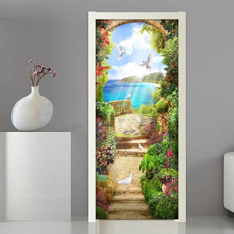 Изображение товара: Садовый пейзаж, дверная наклейка, 3D ПВХ водонепроницаемые самоклеящиеся Настенные обои для улучшения дома, Настенные обои для гостиной, спальни