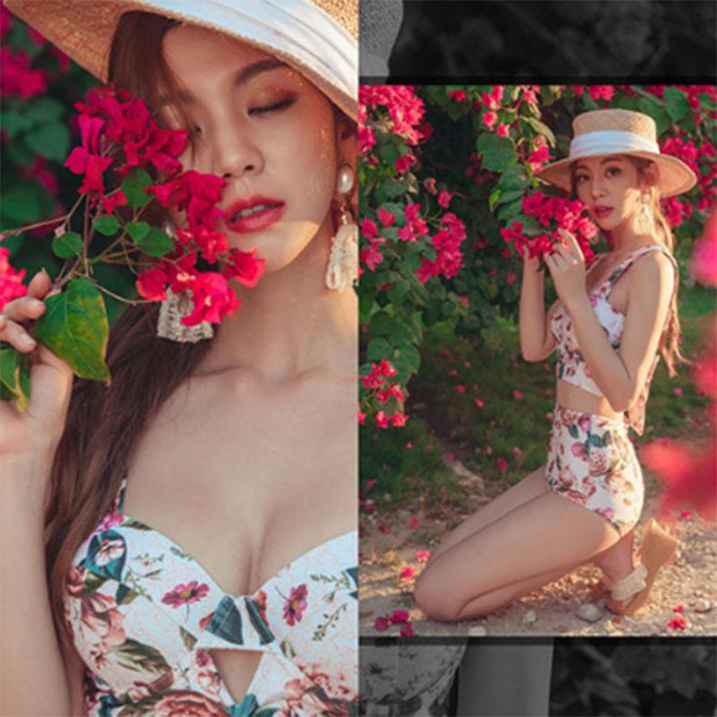 Изображение товара: Новинка 2021, корейский купальник, Женский сетчатый красный цветочный маленький собранный и облегающий купальник-бикини со стальной поддержкой