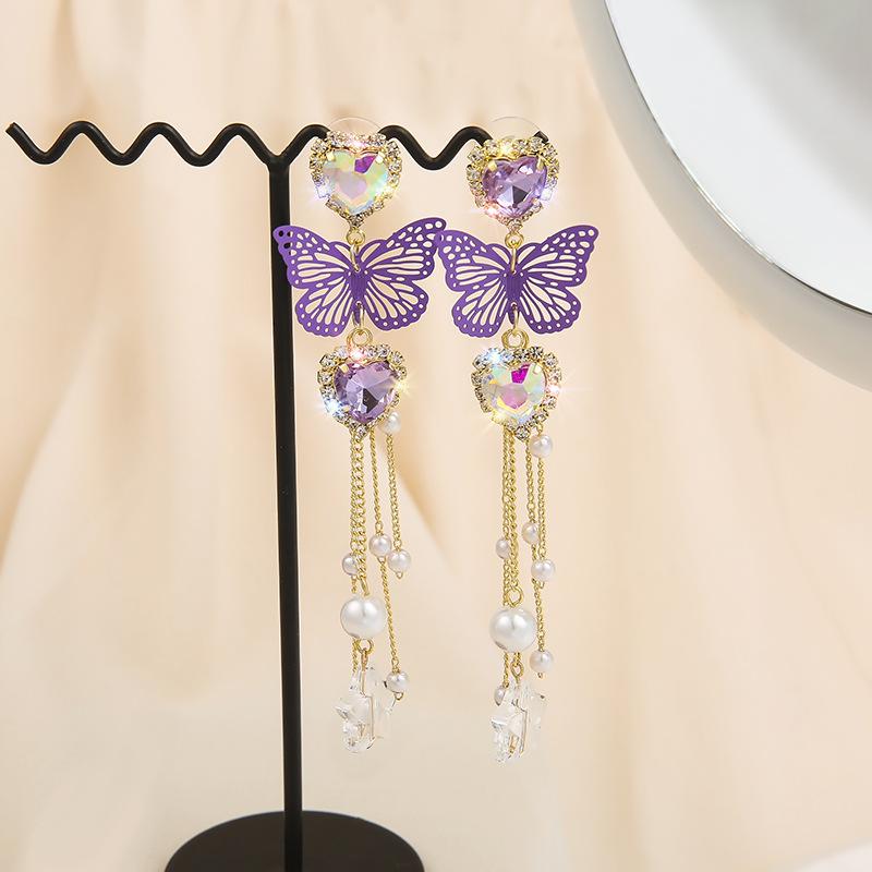 Изображение товара: Женские Висячие серьги с кисточками, Винтажные висячие серьги в Корейском стиле с фиолетовыми бабочками и кристаллами, Роскошные ювелирные украшения, 2020