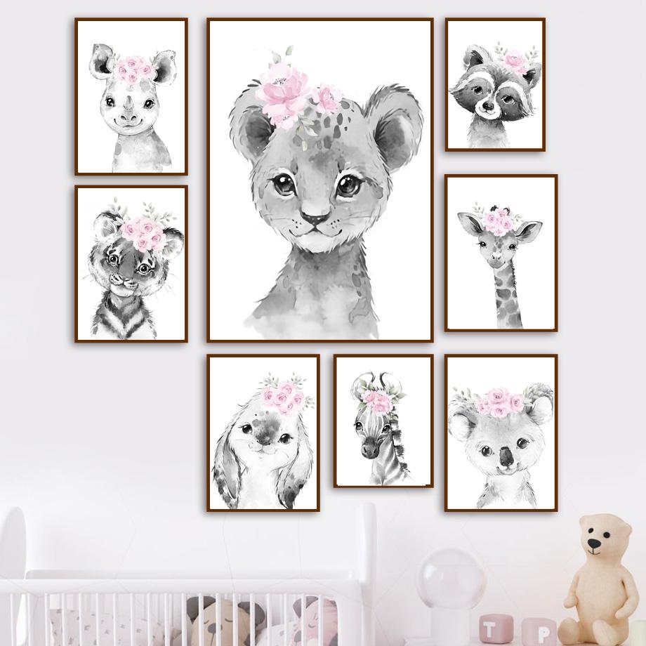 Изображение товара: Настенная картина коала, кролик, тигр, Лев, жираф, розовый цветок, постеры и принты на холсте в скандинавском стиле, настенные картины для декора детской комнаты
