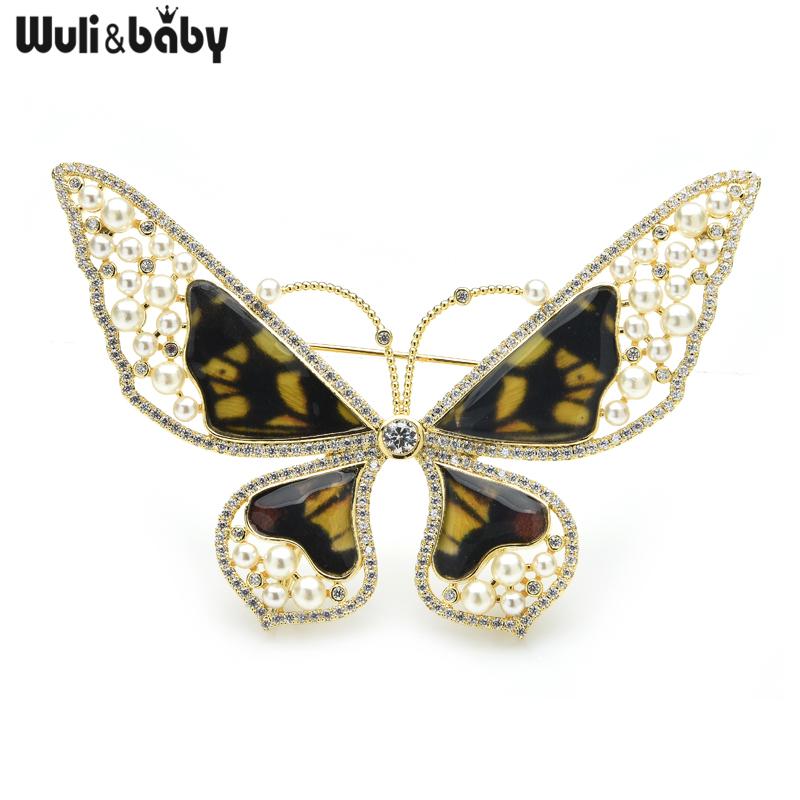 Изображение товара: Wuli & baby Броши с большим жемчугом и бабочкой для женщин, красота, насекомые, Свадебные вечерние броши для офиса, булавки, подарки