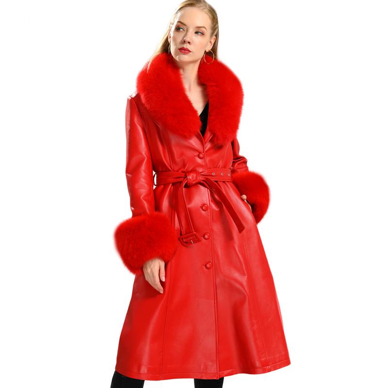 Изображение товара: Зимняя Осенняя Новая модная женская длинная куртка из натуральной овечьей кожи с большим воротником из лисьего меха и манжетами, пальто из натурального меха, костюм
