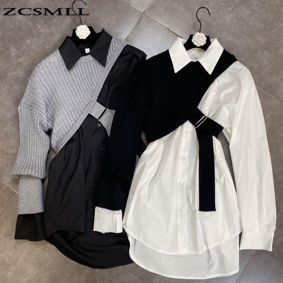 Изображение товара: Осенне-зимние топы с отложным воротником ZCSMLL 2021, свободная рубашка с длинными рукавами и вязаной блузкой на одно плечо, рубашка в стиле Ins из двух частей