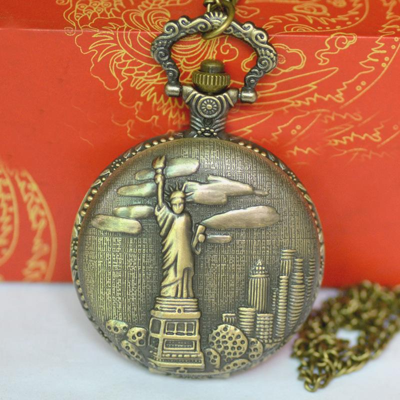 Изображение товара: Бронзовый Карманный ремешок 8072 дюйма с статуей свободы, модные изысканные классические карманные часы с арабскими цифрами