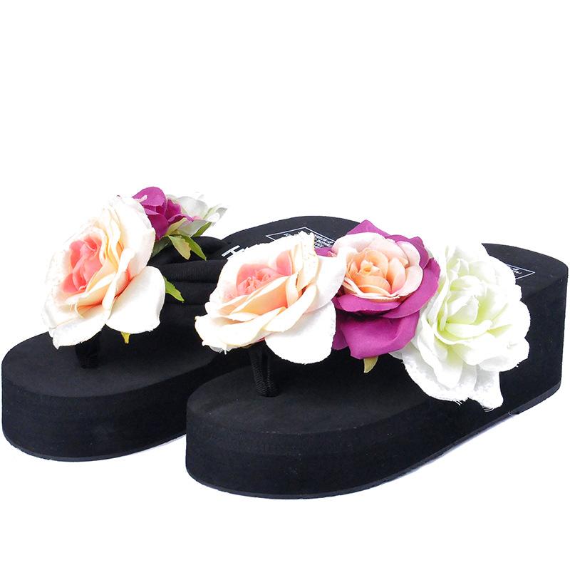 Изображение товара: Шлепанцы женские на высоком каблуке 5 см, сандалии на танкетке с цветами, праздничные тапочки, уличная Нескользящая пляжная обувь