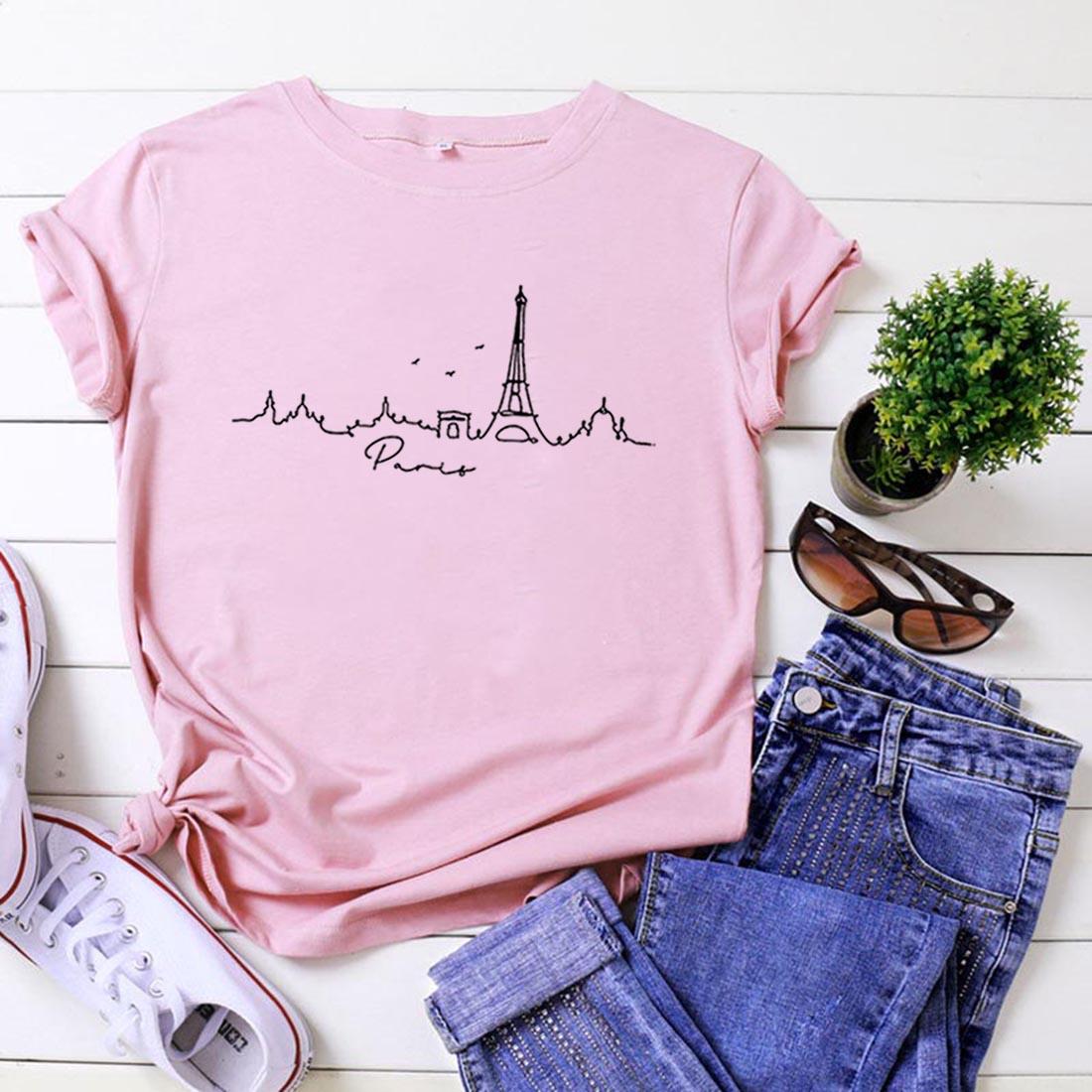 Изображение товара: Футболка в Париже, забавная футболка, Женский Топ, летняя хлопковая футболка с коротким рукавом и круглым вырезом, женская Свободная Повседневная футболка, женская футболка