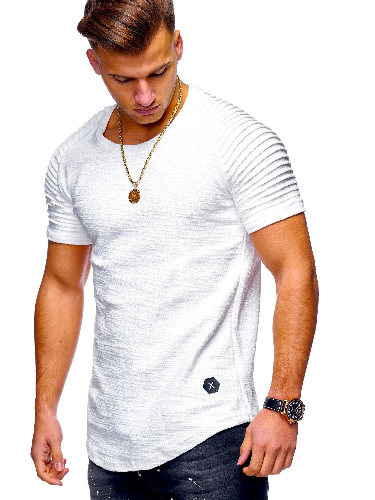 Изображение товара: Новинка 2021, летняя модная мужская футболка, облегающая Однотонная футболка с круглым вырезом и коротким рукавом, полосатая плиссированная короткая Футболка реглан, T38