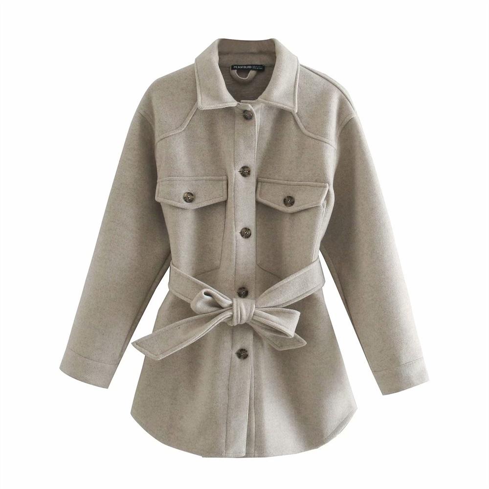 Изображение товара: 2020 Autumn women long-sleeved lapel pocket, buttoned, loose waist and loose casual woolen shirt jacket