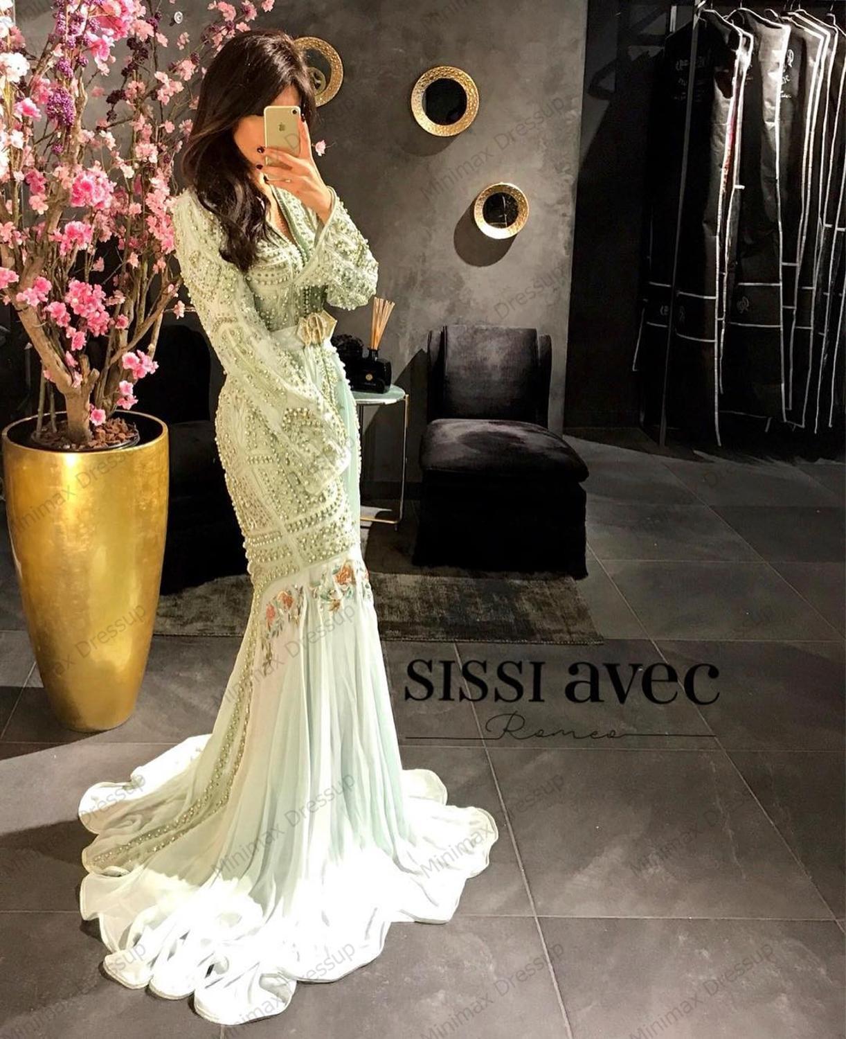 Изображение товара: Мятно-зеленое Бисероплетение Русалка марокканский кафтан вечернее платье пикантное с V-образным вырезом с длинным рукавом мусульманское арабское платье для особых случаев