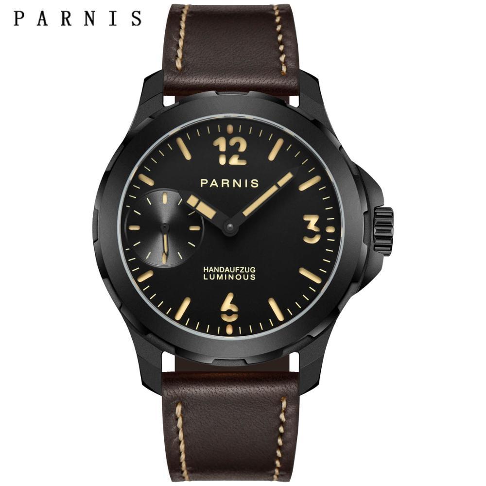 Изображение товара: Повседневные мужские часы 44 мм Parnis с ручным заводом, черный циферблат, нержавеющая сталь, механические мужские часы heren horloge 2019, роскошные часы