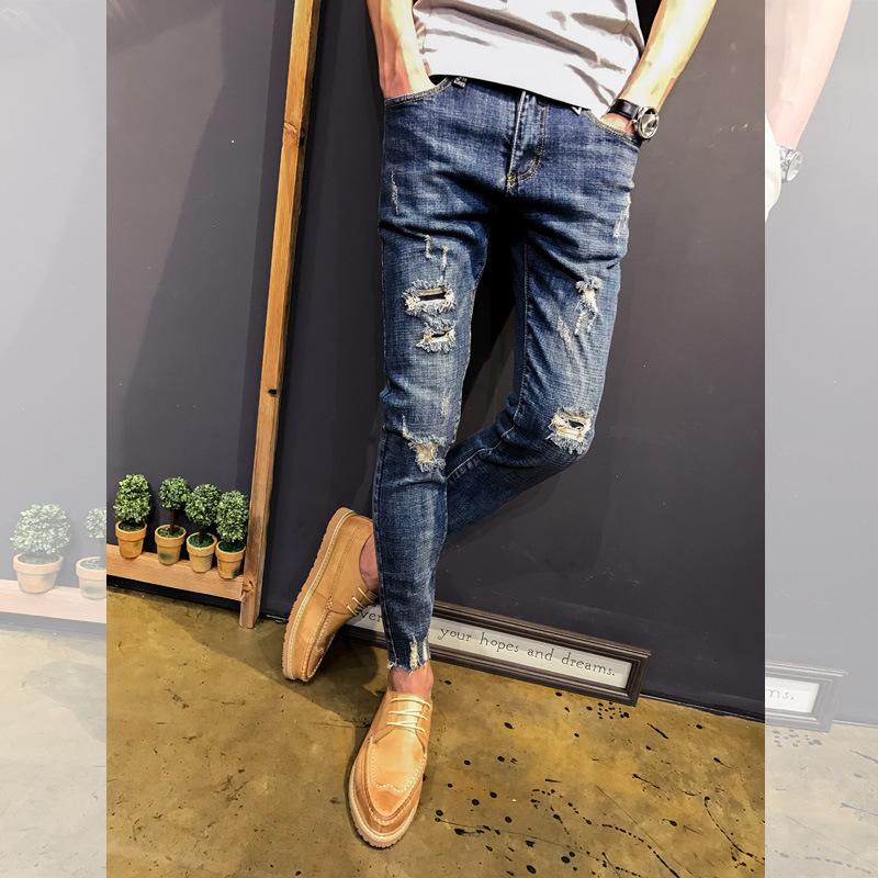 Изображение товара: Оптовая продажа 2022 джинсовые брюки для подростков нищие мужские облегающие небольшие потертые джинсы мужские Стрейчевые брюки-карандаш для парней