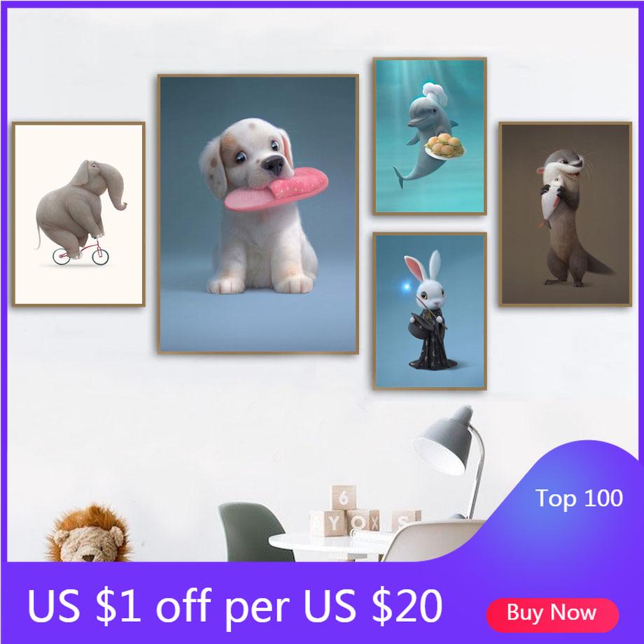 Изображение товара: Плакаты и принты в скандинавском стиле, слон, собака, кролик, дельфин, Выдра, настенная живопись, декор для детской комнаты, Настенные рисунки с животными