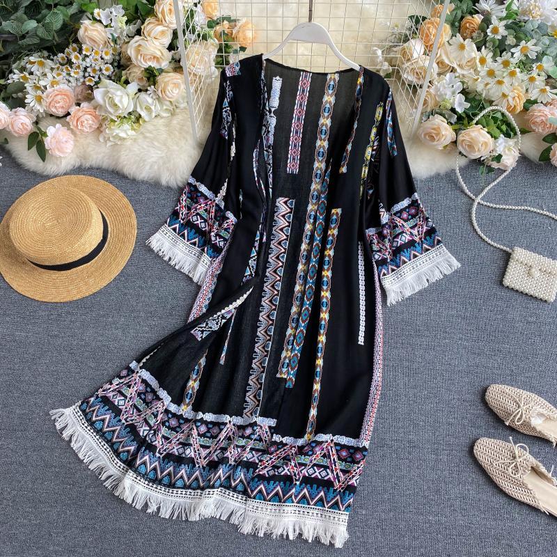 Изображение товара: Spring Summer Women's Jacket Retro Ethnic Style Printed Thin Open Stitch New Tassel Stitching Loose Female Coats QX961