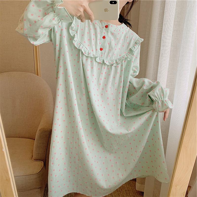 Изображение товара: Женская ночная рубашка с длинными рукавами; Хлопковая Ночная рубашка в стиле принцессы; Новое поступление; Корейская Мягкая ночная рубашка с оборками для девочек; Пижама Mujer